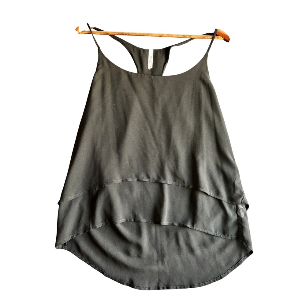 LE3NO Womens Black Double Layer Chiffon Racerback High Low Tank Top Size M 65597